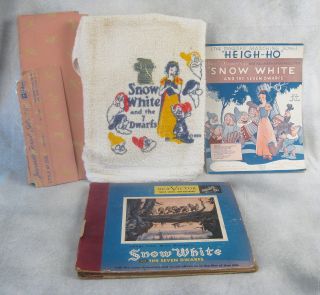 Vtg 1937 Walt Disney Snow White Seven Dwarves Bath Towel Sheet Music Record Rare