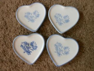 4 Heart Shaped Pottery Butter Pats,  Blue Flowers,  Pfaltzgraff?
