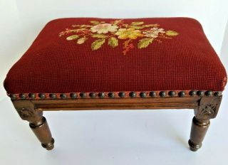 Antique Victorian Foot Stool Burgundy Needlepoint Carved Wood Frame 10x13x7 "