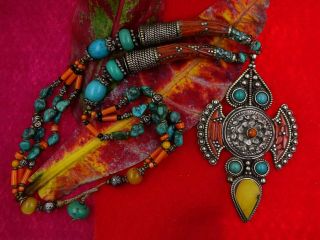 Vintage Tibetan Dorje Necklace Coral Turquoise Handmade Artist Art Gift For Her