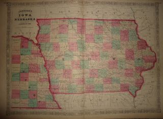 Vintage 1868 Nebraska Frontier Iowa Map Old Antique Atlas Map 68/041717