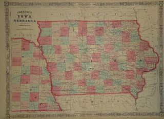 Vintage 1865 Iowa - Nebraska Map Old Antique Atlas Map 41418