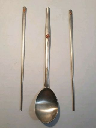 Vintage Korean Ag800.  800 Silver Chopsticks & Spoon Orange Enamel Flower