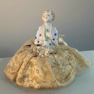 Antique 4 " Porcelain Half Doll Flapper 20s Girl Pin Cushion Hand Painted Lady