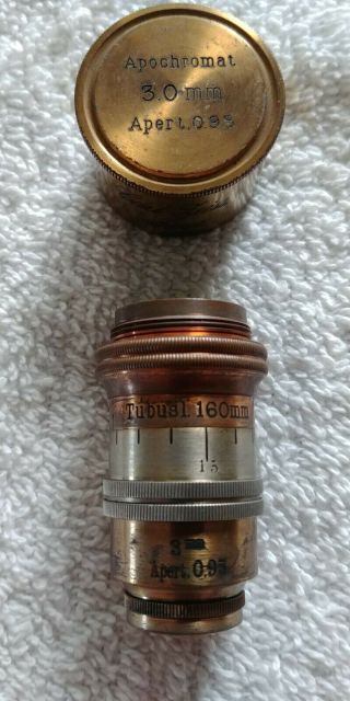Antique Ziess Apochromat 3.  0mm Brass Objective With Brass Case