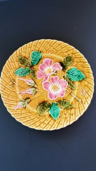 Antique French Majolica Art Pottery Plate Basket Weave Pattern Flowers Leaves