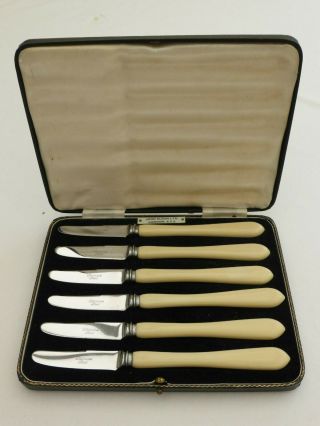 Cased Set Of 6 X Art Deco Cream Tapered Handle Cutlery Butter Knives 1490897/901