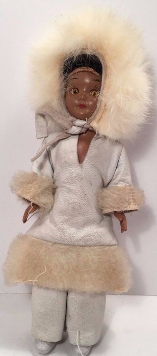 Vintage Alaska Eskimo Inuit Sleepy Eye Doll Leather Fur 8 " Tall - Well Made