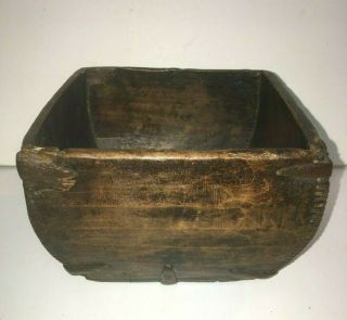 Antique Asian Chinese Wood Rice Grain Measure Bucket Iron Braces Serrated Seams
