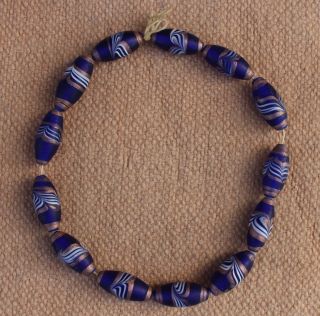 Antique African Trade Beads Venetian Blue White Stripes 14” Strand Bracelet Bead