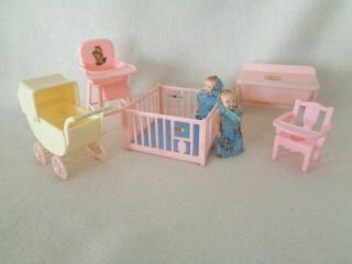 Renwal 5 Piece Nursery W 2 Babies Vintage Dollhouse Miniature Furniture Plastic