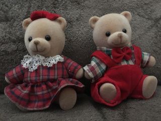 2 Vintage Russ Flocked Teddy Bears Figurines Boy & Girl 3 "
