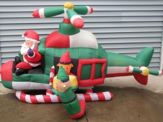 Rare 8 Foot Gemmy Christmas Airblown Inflatable Santa In Helicopter W/ Elves