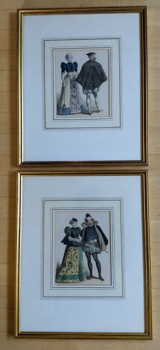 Antique German Fashion Etchings,  Prints,  Hand Colored,  Framed,  Ca.  1870
