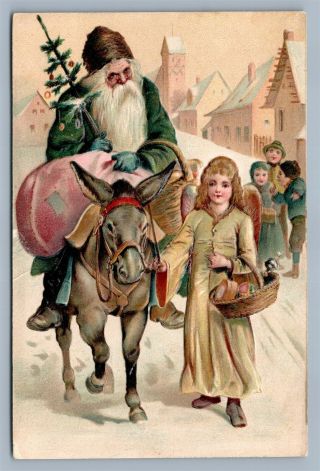 Santa In Green Robe On Donkey Christmas Antique Embossed Postcard