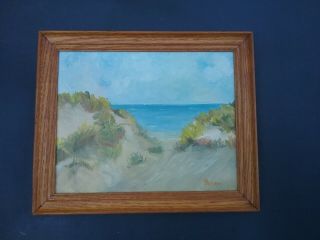 Vintage Oil Painting Seascape Dune Walk Beach Signed H Berry 8 X 10 Oak Frame