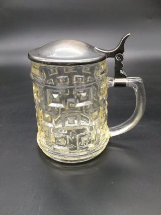 Antique Vintage Lidded Beer Stein Clear Glass Yellow Hue Window Pane Pattern.  7”