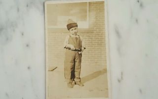 Antique Picture Postcard Of A Little Boy In Overalls Holding A Hammer