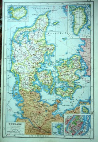 Antique Map Denmark Danish In Europe Harmsworth 1920