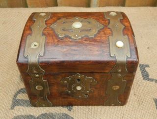 Antique 19th C Brass Bound & M.  O.  P Domed Top Miniature Walnut Tea Caddy Box