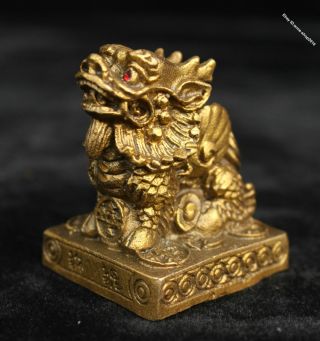 2“ Collect Chinese Old Yellow Bronze Hand Engraving Kirin Beast Statue Seal