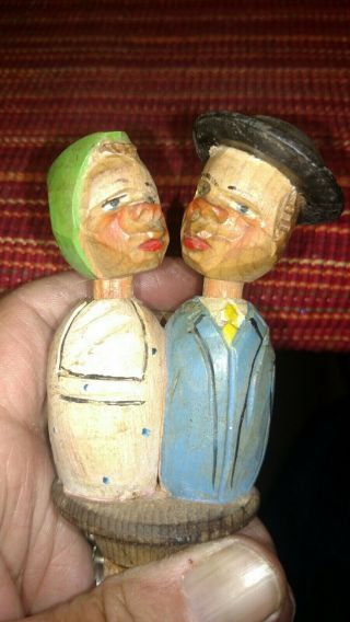Vtg.  Black Forest Carved Wooden Man & Woman Kissing.  Wine Cork Stopper Nr.