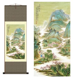 Home Decor Chinese Silk Scroll Painting Mountains Painting " 江畔游春 " Decoration