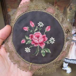 Antique 1800s Dollhouse Victorian Embroidered Rug Petit Point Doll Lace Linen