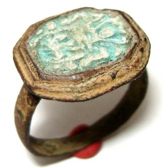 Ancient Rare Medieval Bronze Finger Ring Seal With Stone.  (gem,  Glass)