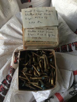 Vintage Box Of 12 1 1/4” Flat Head Brass Wood Screws