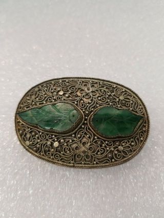 Antique Vintage Silver Filigree Jade Brooch Pin