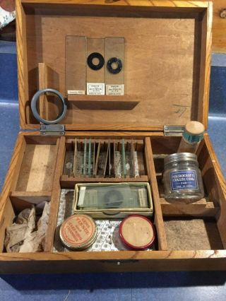 Antique / Vintage Microcraft Lab Set Wood Box Jars,  Microscope Slides