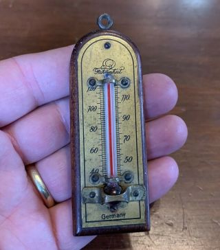 Antique Brass And Wood Miniature Wall Hanging Thermometer,  Made In Germany