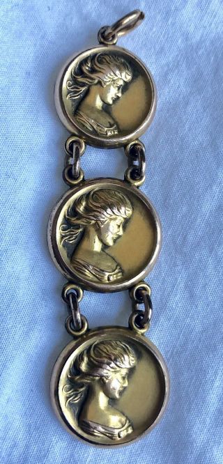 Vtg Antique Art Nouveau Triple Lady Watch Fob Charm Pendant Gold Filled 10.  5 Gr