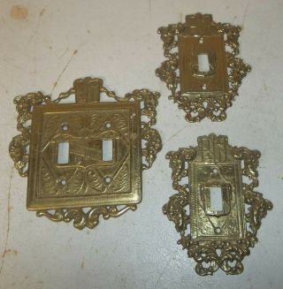 3 Vintage Brass 2 Single/1 Double Light Switch Plate Covers/lion & Shield/1954