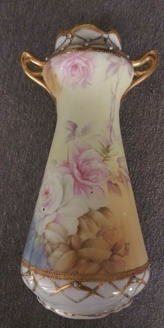 Lg Antique Art Nouveau Nippon Matte Porcelain Vase White & Pink Roses Exquisite