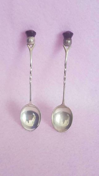 Wonderful Pair Scottish Theme H/m Sterling Silver Coffee Spoons W Amethyst Tops