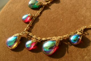 Rare Vintage Necklace Brass Color Chain With Art Glass Drops.