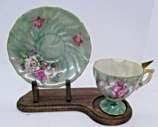Aquamarine With Flowers Lusterware Teacup & Saucer Vintage