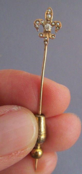 Antique Victorian 10k Fleur De Lis Rose Cut Diamond Seed Pearl Stick Lapel Pin
