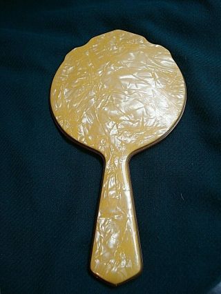 Vtg/antique Yellow Celluloid & Butterscotch Bakelite Hand Mirror - Beveled &
