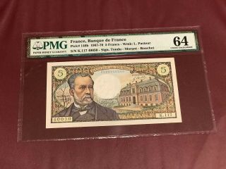 Bank Of France French 5 Franc 1970 Pmg 64 Unc Pick 146 Luis Pasteur Rare Date