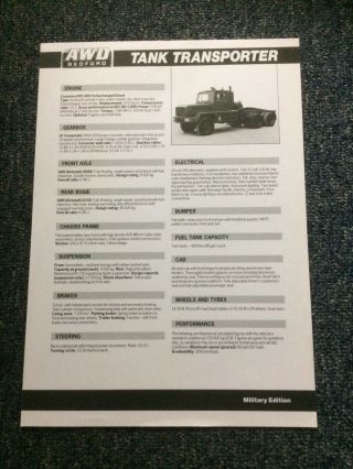 Awd Bedford Tank Transporter Truck Specification Sheet 1990 - Rare