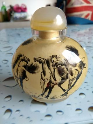 Japanese Chinese Reverse Painted With Horses Signed Glass Snuff Bottle