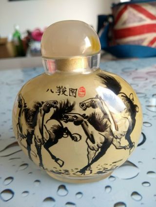 Japanese Chinese Reverse Painted With Horses Signed Glass Snuff Bottle 2
