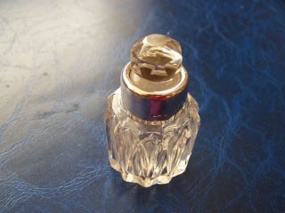 Antique / Old Vintage Cut Glass Miniature Perfume Scent Bottle & Silver Rim Vgc