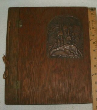 Vintage Wood Book Leather Tied Folk Art Copper Antique Wizard Copper Primitive