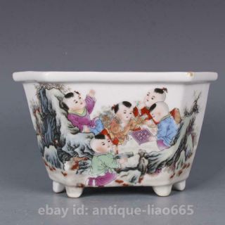 7.  9 " Chinese Famille - Rose Porcelain Children Kid Boy Ornament Hexagon Flowerpot