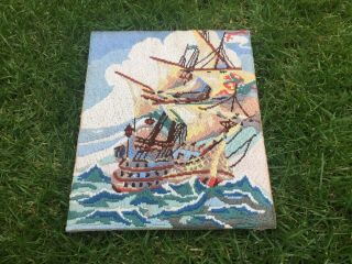 Vintage Old Tapestry Embroidered Picture Hand Stitch Ship Sailing Boat Cutter