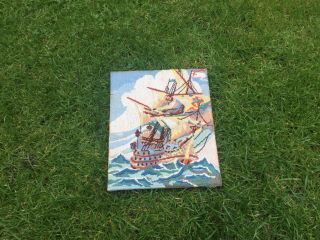 VINTAGE OLD TAPESTRY EMBROIDERED PICTURE HAND STITCH SHIP SAILING BOAT CUTTER 2
